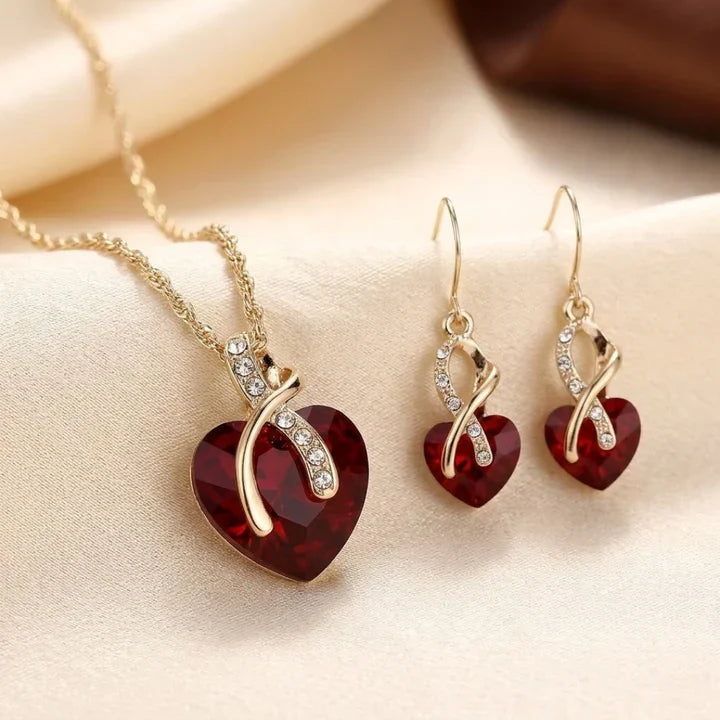 Gold Twisted Ruby Heart Jewelry Set