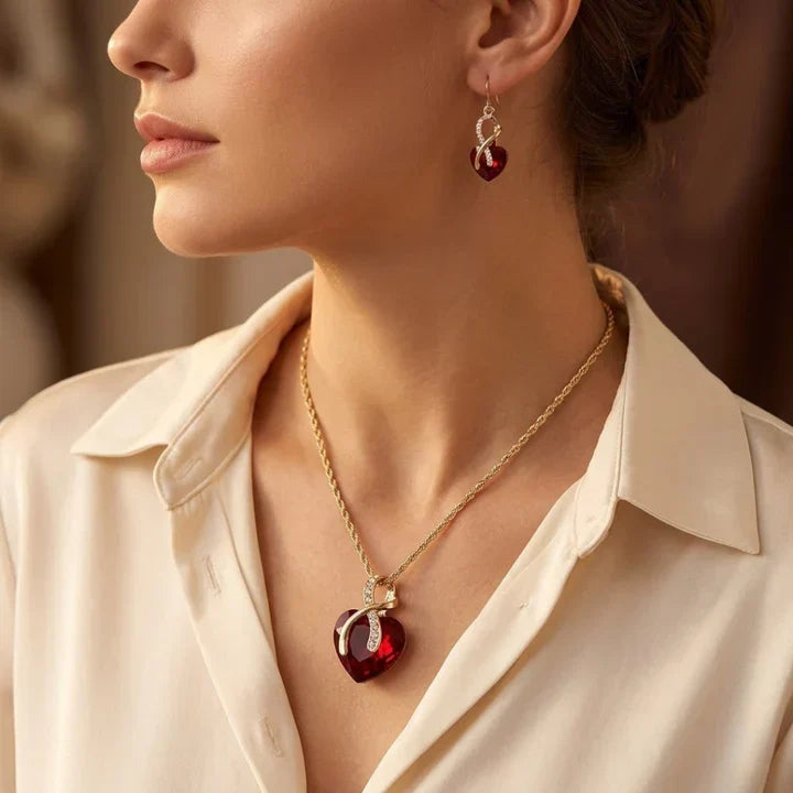 Gold Twisted Ruby Heart Jewelry Set