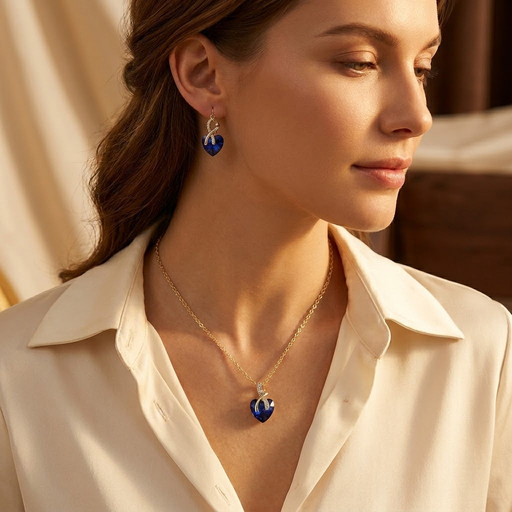 Gold Sapphire Heart Necklace & Earrings Set