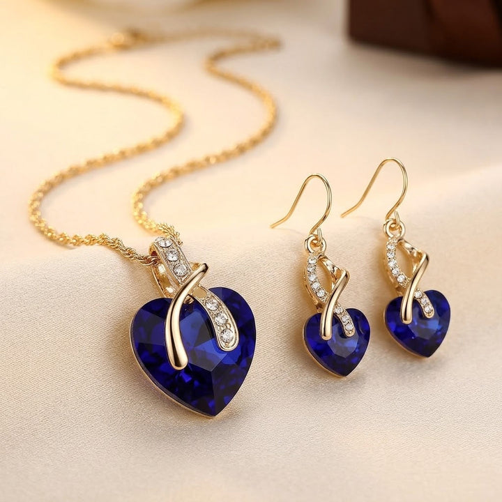 Gold Sapphire Heart Necklace & Earrings Set