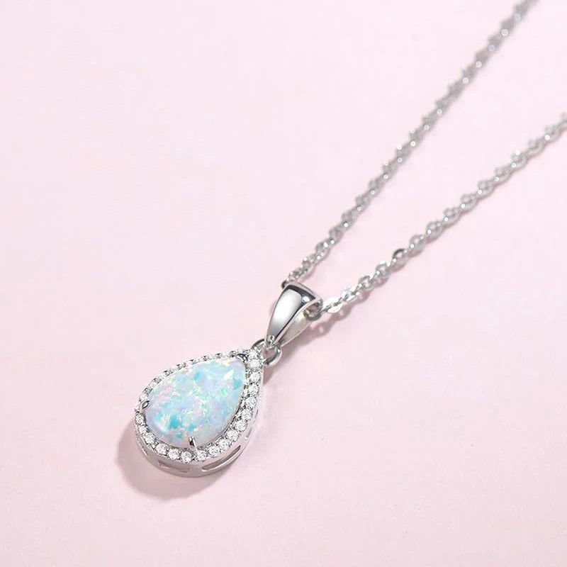 Silver Pear Opal Pendant Necklace