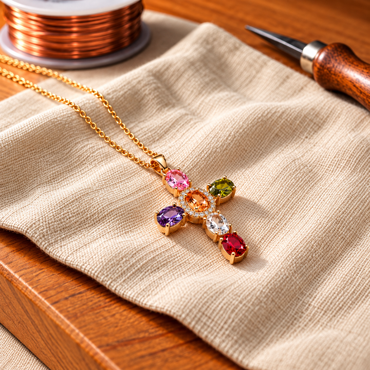 Harlow & Stone Cross Copper Zircon-laid Pendant with Chain